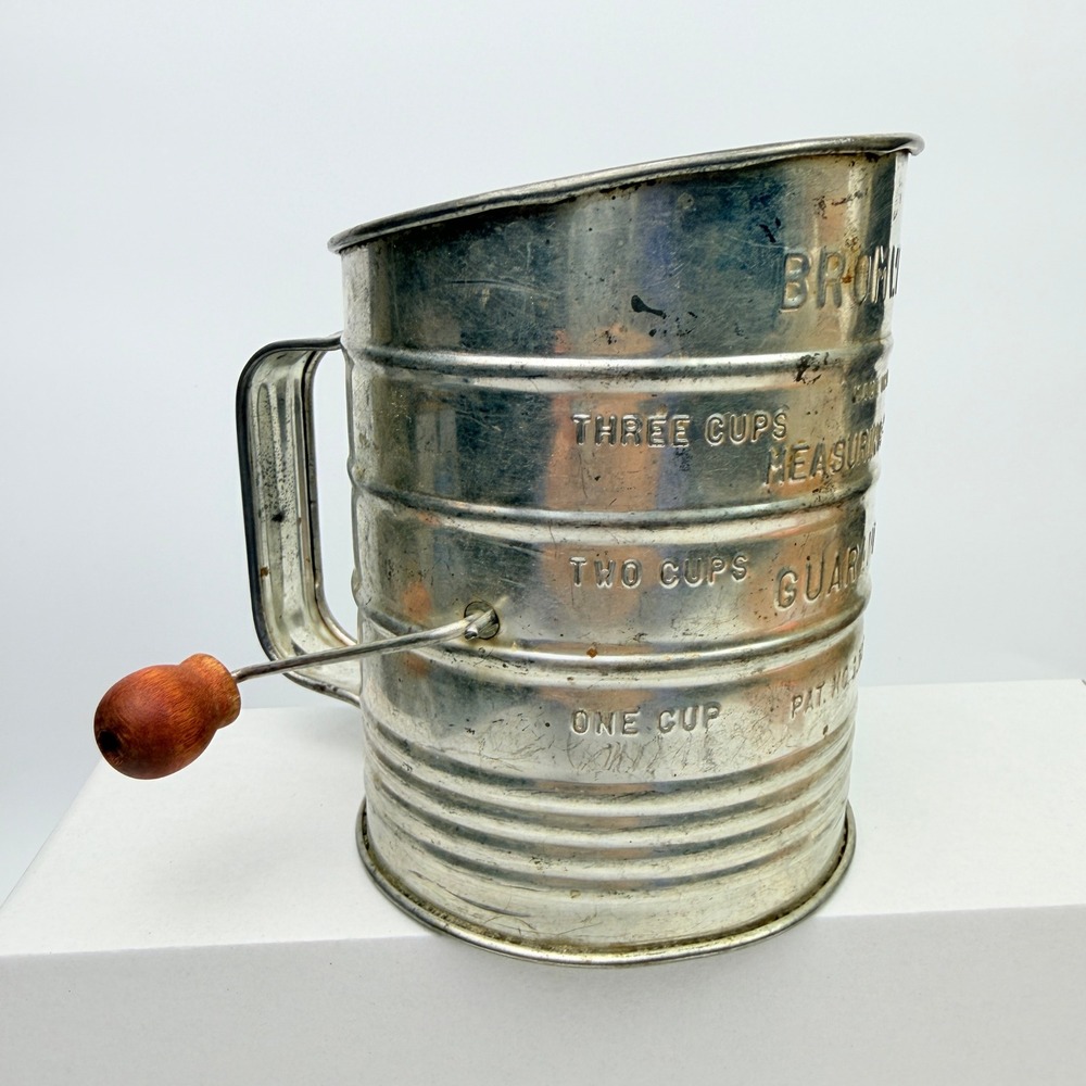 1930s Bromwell's 3 Cup Flour Sifter Red Knob Patent 1753995 Rustic Primitive